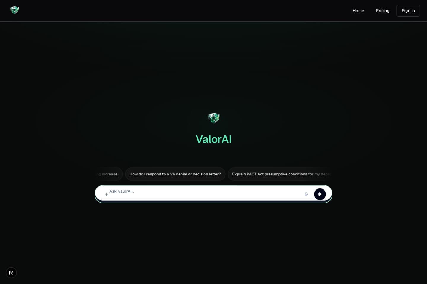 ValorAI workspace in dark mode